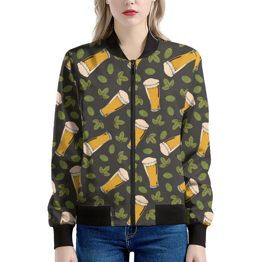 Beer Hop Cone And Leaf Pattern Print Women's Bomber Jacket