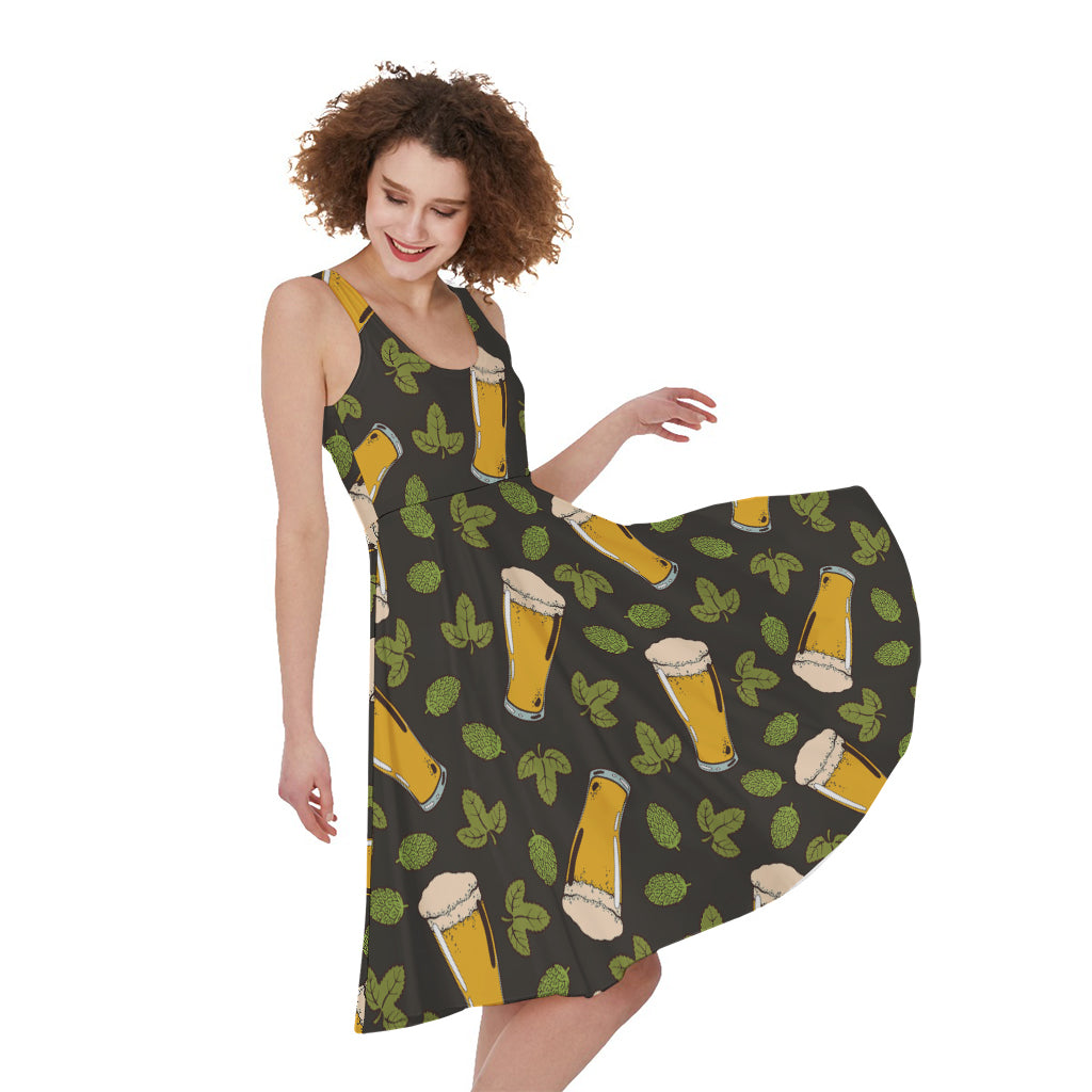 Beer Hop Cone And Leaf Pattern Print Women's Sleeveless Dress