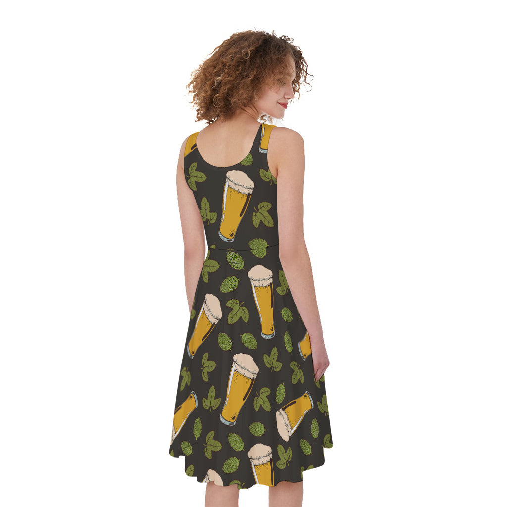 Beer Hop Cone And Leaf Pattern Print Women's Sleeveless Dress