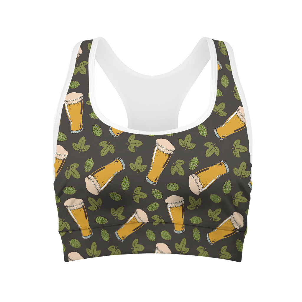 Beer Hop Cone And Leaf Pattern Print Women's Sports Bra