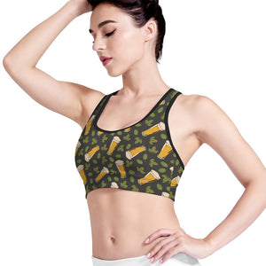 Beer Hop Cone And Leaf Pattern Print Women's Sports Bra