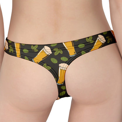 Beer Hop Cone And Leaf Pattern Print Women's Thong