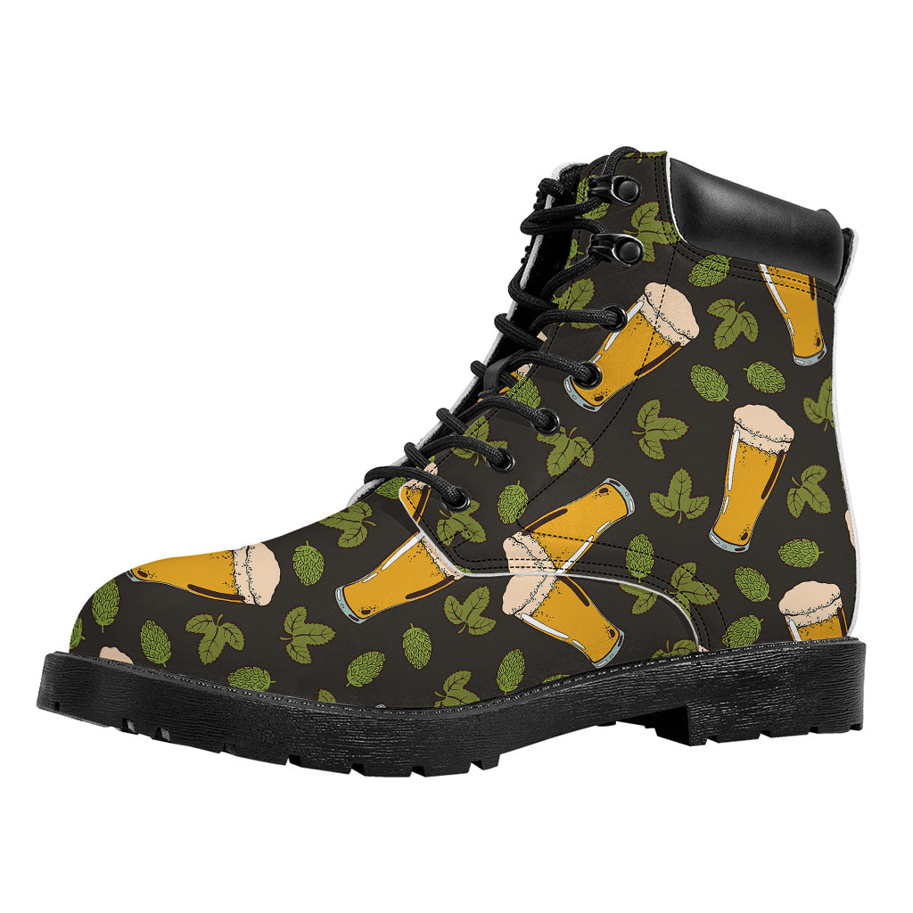 Beer Hop Cone And Leaf Pattern Print Work Boots