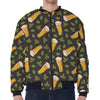 Beer Hop Cone And Leaf Pattern Print Zip Sleeve Bomber Jacket