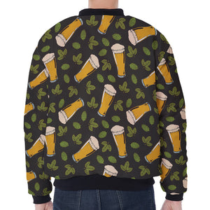 Beer Hop Cone And Leaf Pattern Print Zip Sleeve Bomber Jacket