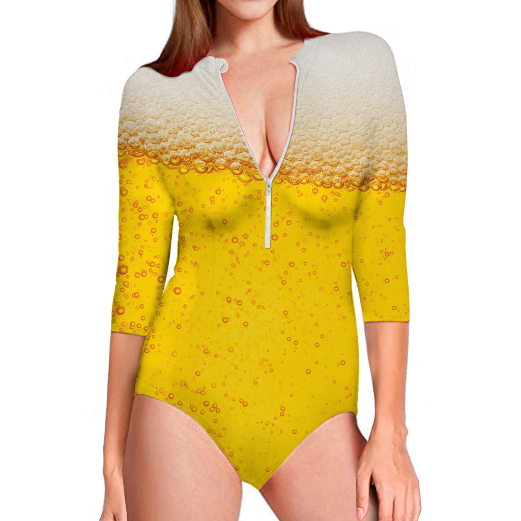 Beer With Foam Print Long Sleeve Swimsuit