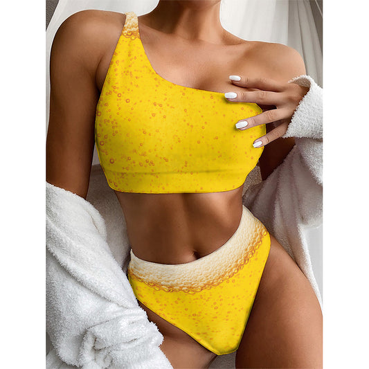 Beer With Foam Print One Shoulder Bikini Top