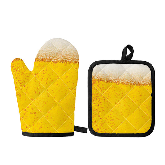 Beer With Foam Print Oven Mitt And Pot Holder Set