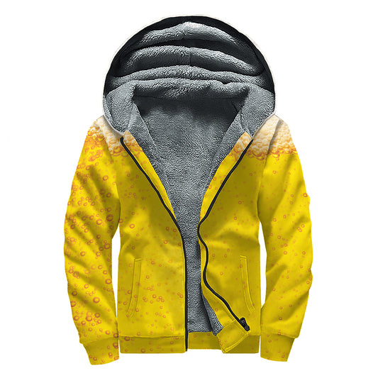 Beer With Foam Print Sherpa Lined Zip Up Hoodie