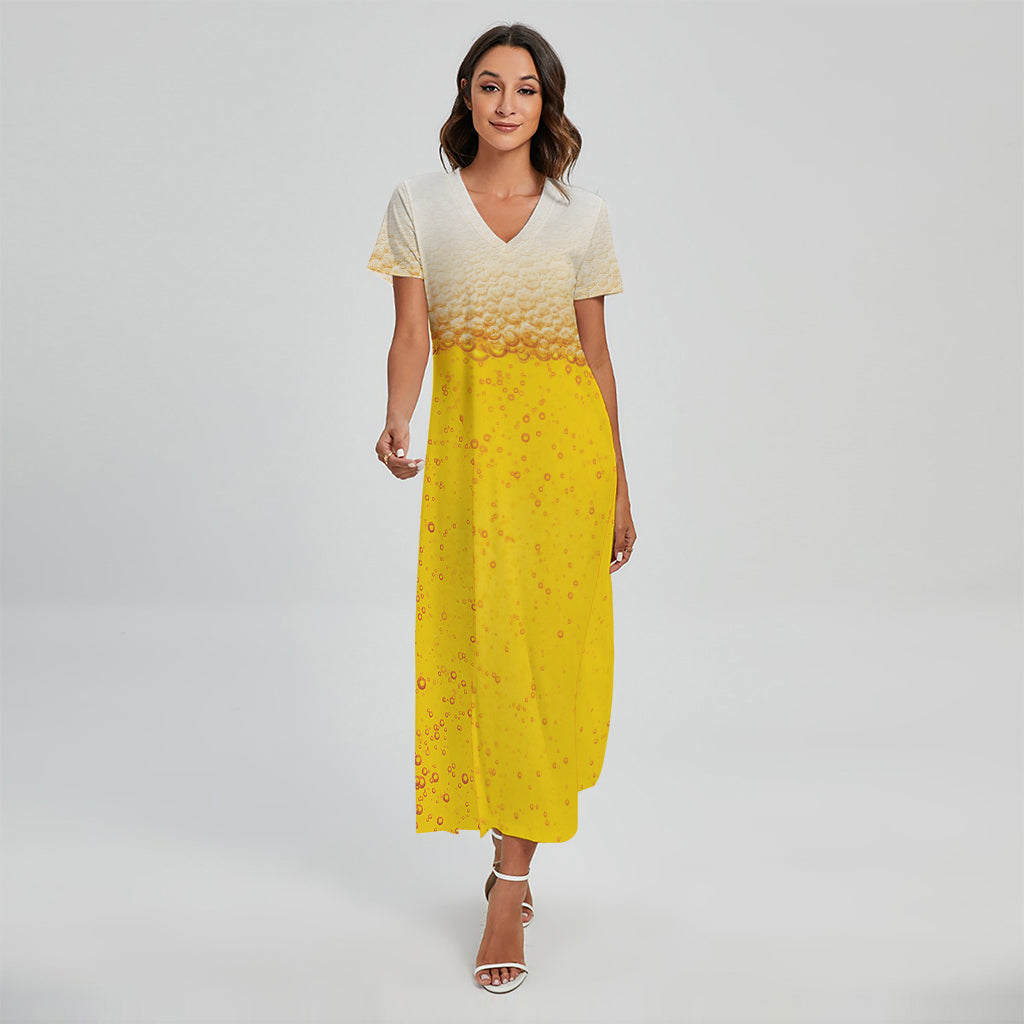 Beer With Foam Print Short Sleeve Maxi Dress