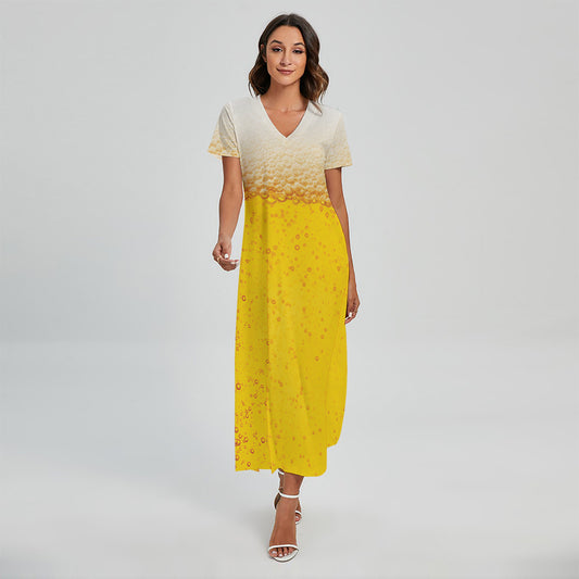 Beer With Foam Print Short Sleeve Maxi Dress