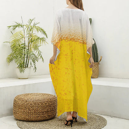 Beer With Foam Print Silk V-Neck Kaftan Dress