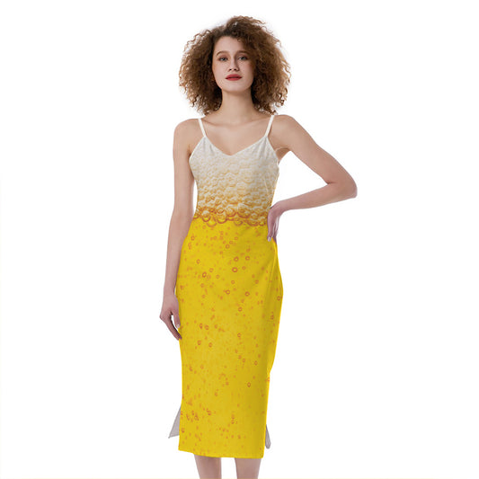 Beer With Foam Print Slim Fit Midi Cami Dress