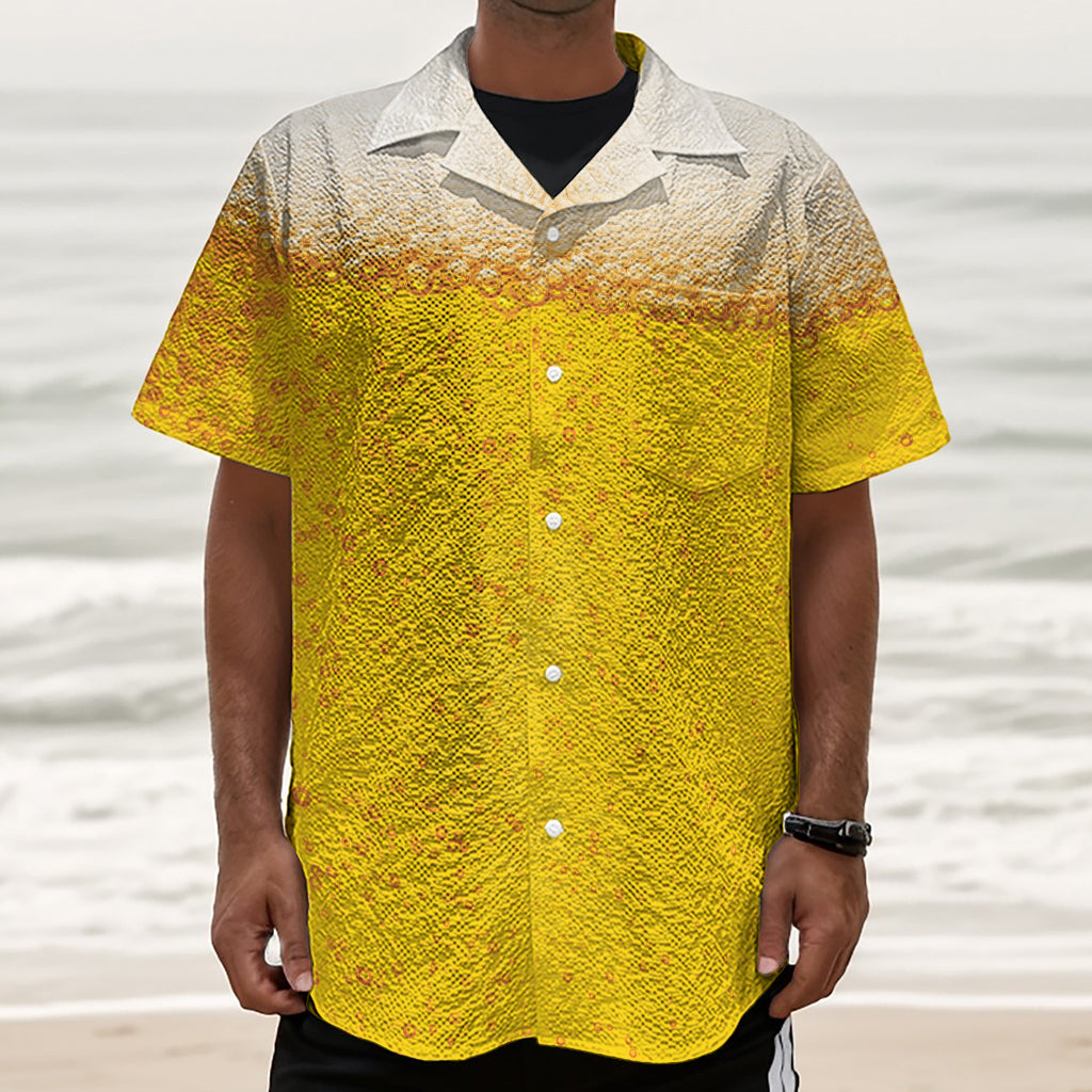 Beer With Foam Print Textured Short Sleeve Shirt