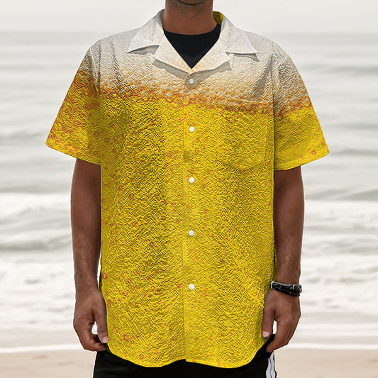 Beer With Foam Print Textured Short Sleeve Shirt