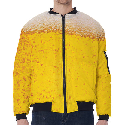 Beer With Foam Print Zip Sleeve Bomber Jacket