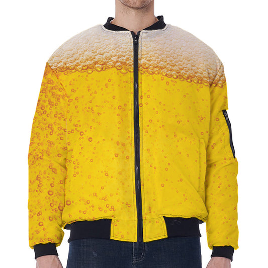 Beer With Foam Print Zip Sleeve Bomber Jacket