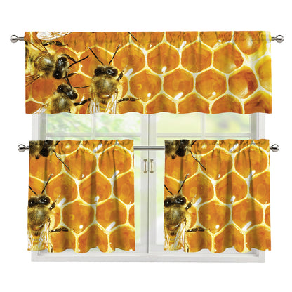 Bees And Honeycomb Print 3 Piece Kitchen Curtains