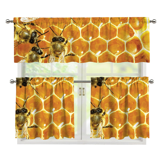 Bees And Honeycomb Print 3 Piece Kitchen Curtains