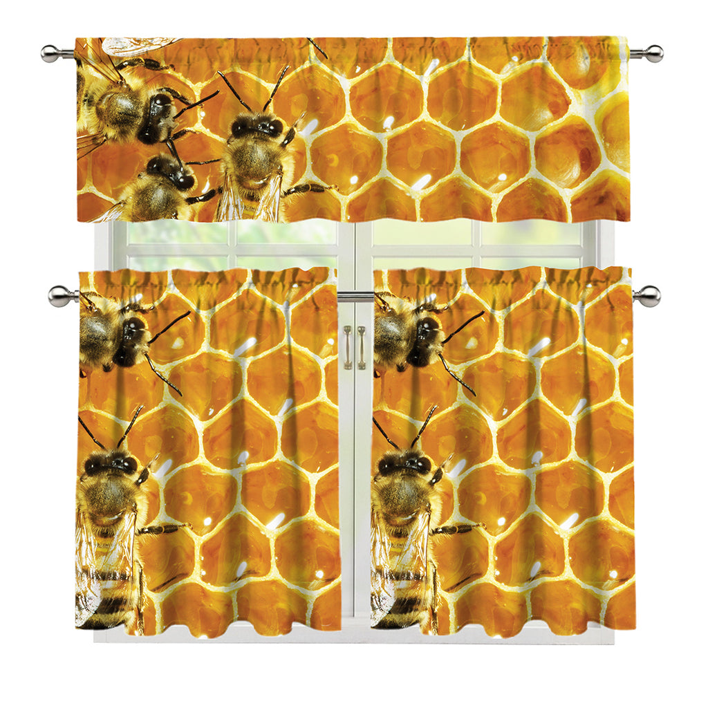 Bees And Honeycomb Print 3 Piece Kitchen Curtains