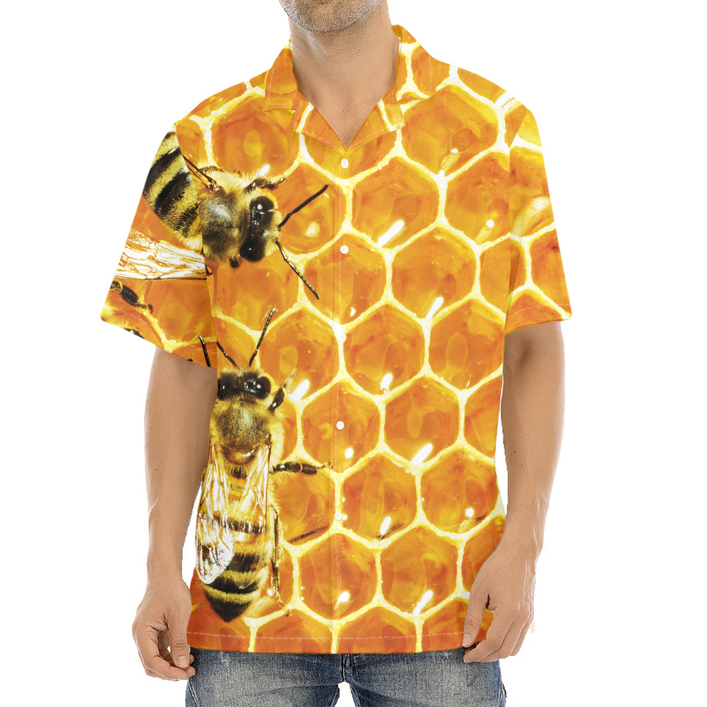 Bees And Honeycomb Print Aloha Shirt