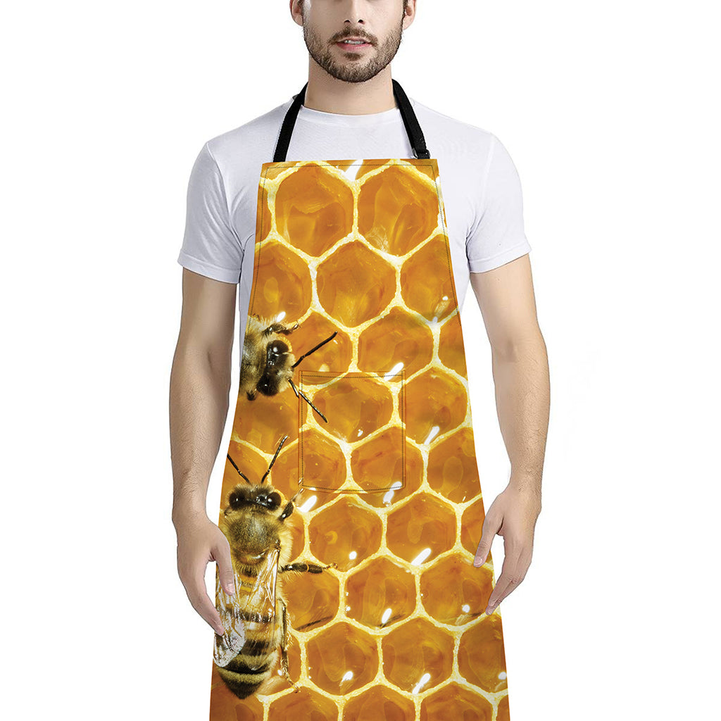 Bees And Honeycomb Print Bib Apron With Pocket