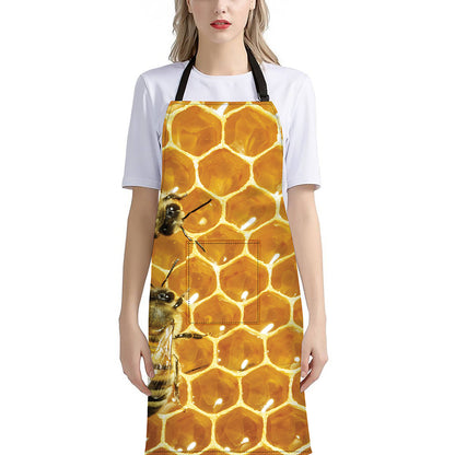 Bees And Honeycomb Print Bib Apron With Pocket