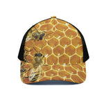 Bees And Honeycomb Print Black Mesh Trucker Cap