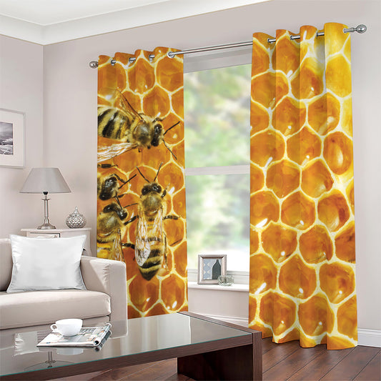 Bees And Honeycomb Print Blackout Grommet Curtains