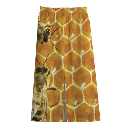 Bees And Honeycomb Print Cotton Front Slit Maxi Skirt
