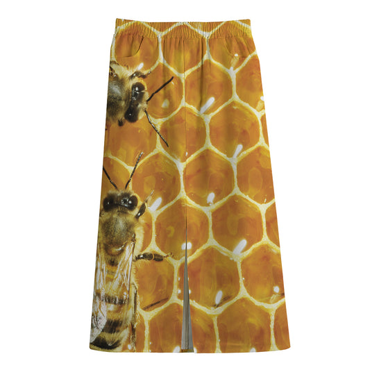 Bees And Honeycomb Print Cotton Front Slit Maxi Skirt