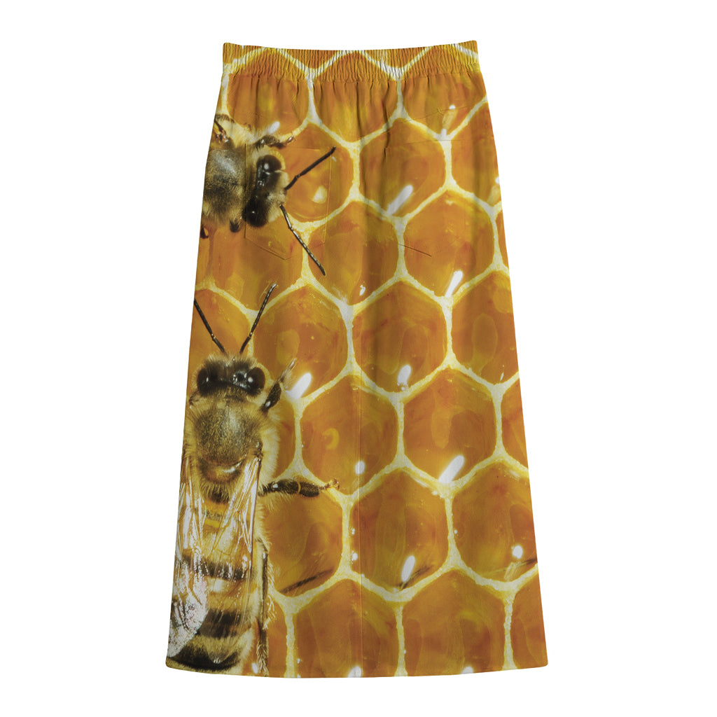 Bees And Honeycomb Print Cotton Front Slit Maxi Skirt