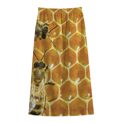 Bees And Honeycomb Print Cotton Front Slit Maxi Skirt