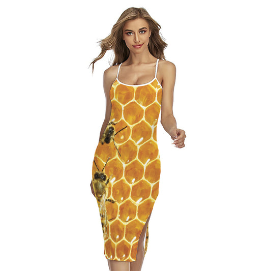 Bees And Honeycomb Print Cross Back Cami Dress