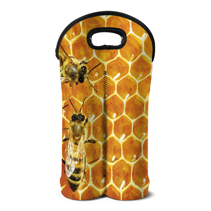 Bees And Honeycomb Print Double Neoprene Wine Tote