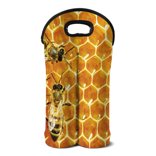 Bees And Honeycomb Print Double Neoprene Wine Tote
