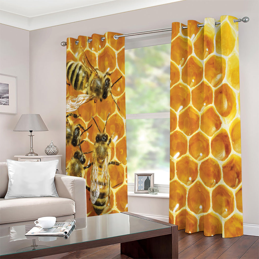 Bees And Honeycomb Print Extra Wide Grommet Curtains