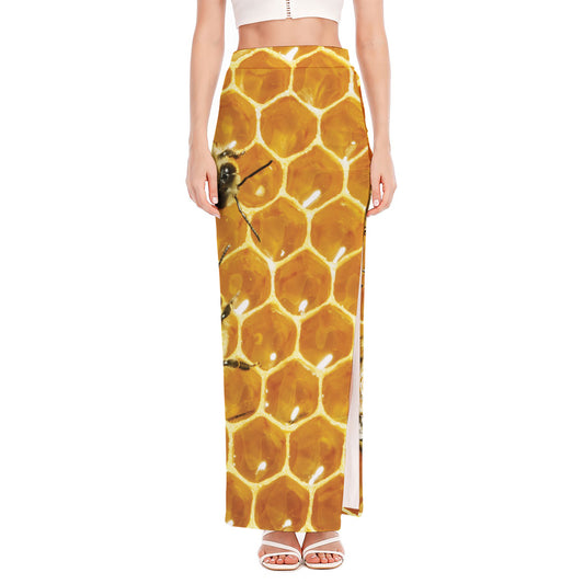 Bees And Honeycomb Print High Slit Maxi Skirt