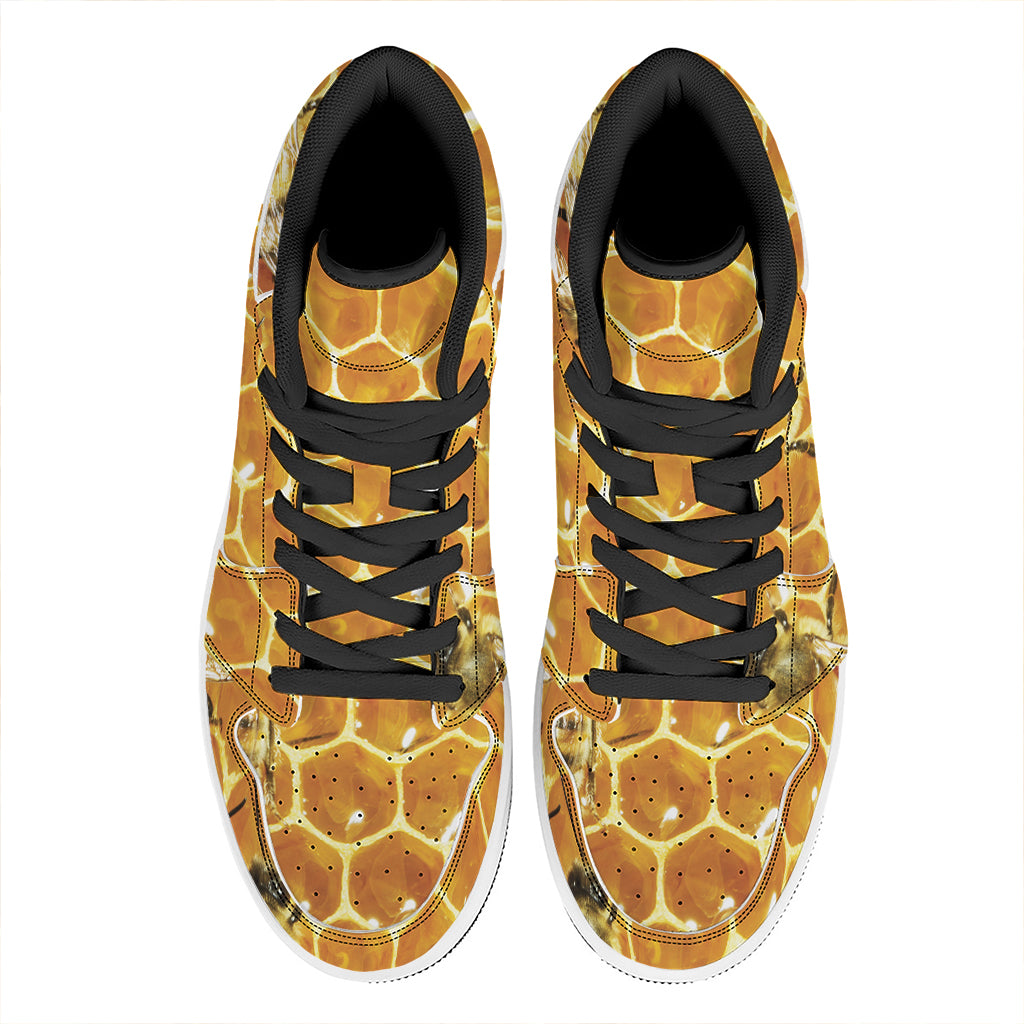 Bees And Honeycomb Print High Top Leather Sneakers