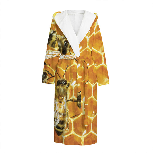 Bees And Honeycomb Print Hooded Bathrobe