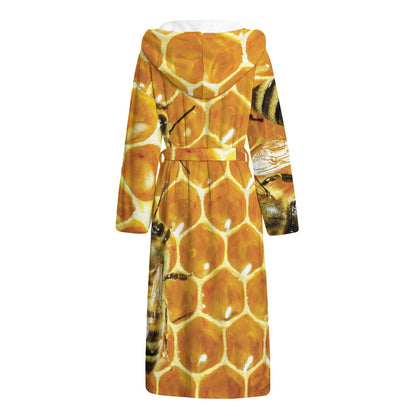 Bees And Honeycomb Print Hooded Bathrobe