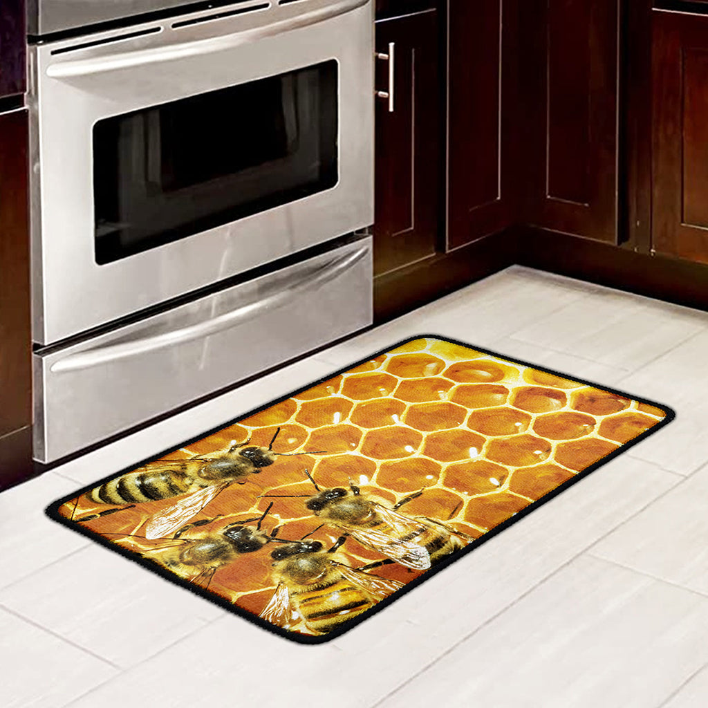 Bees And Honeycomb Print Kitchen Mat