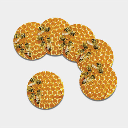 Bees And Honeycomb Print Leather Coaster Set