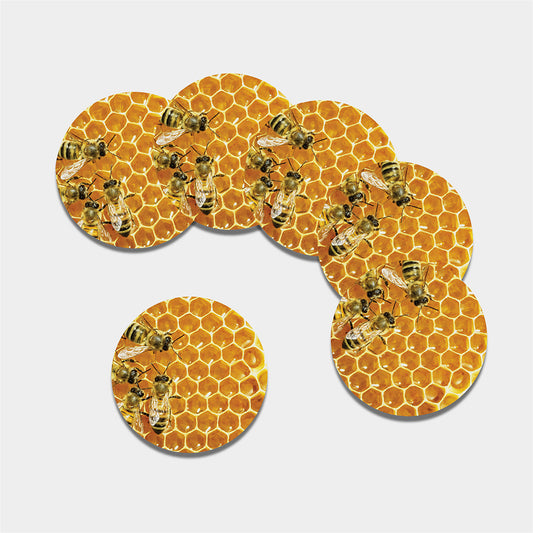 Bees And Honeycomb Print Leather Coaster Set