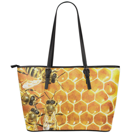 Bees And Honeycomb Print Leather Tote Bag