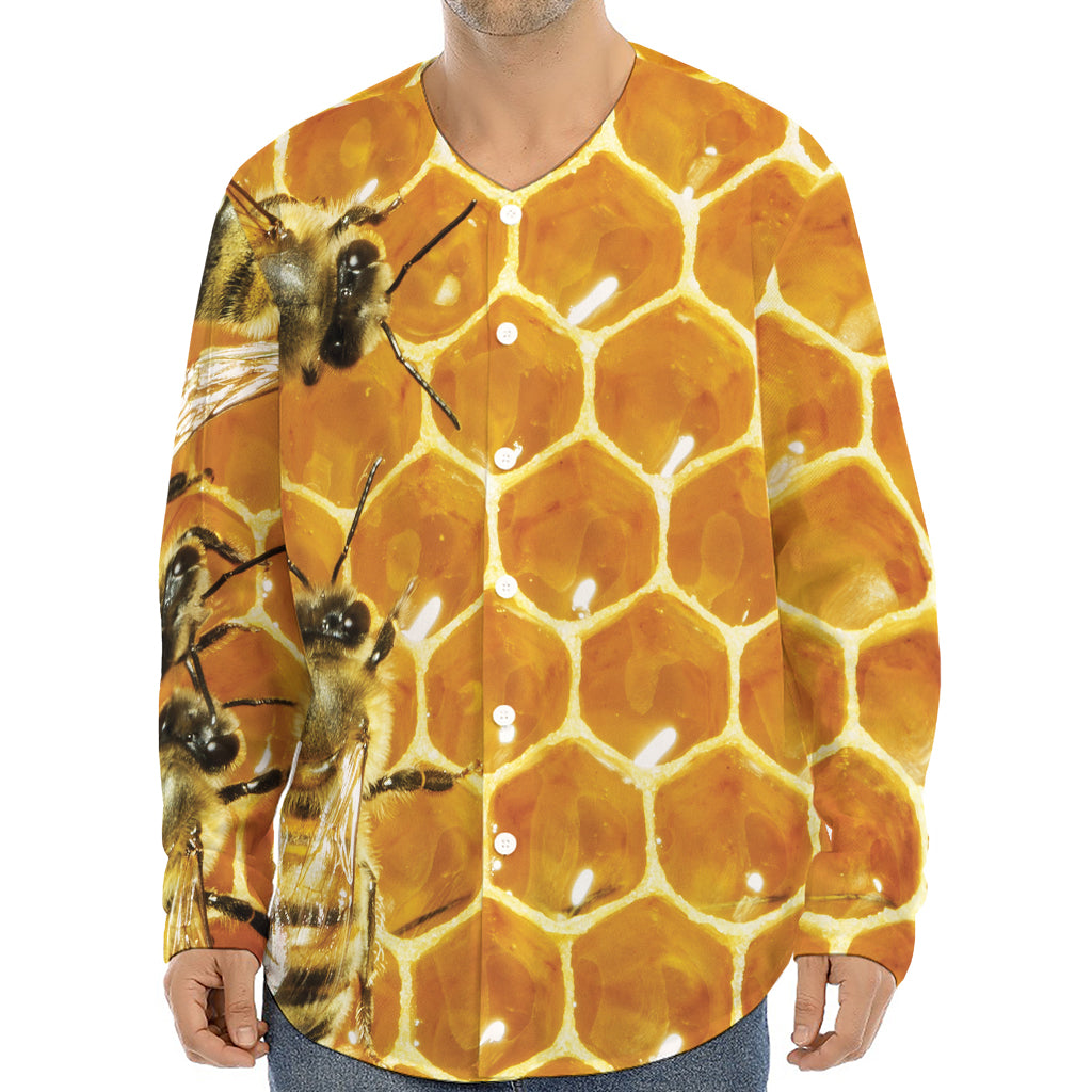 Bees And Honeycomb Print Long Sleeve Baseball Jersey