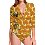 Bees And Honeycomb Print Long Sleeve Swimsuit