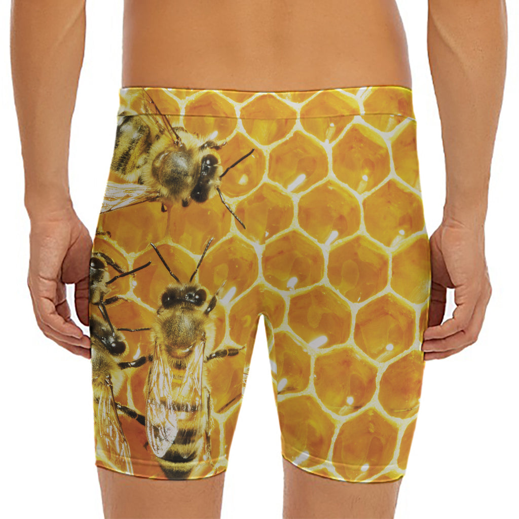 Bees And Honeycomb Print Men's Long Boxer Briefs