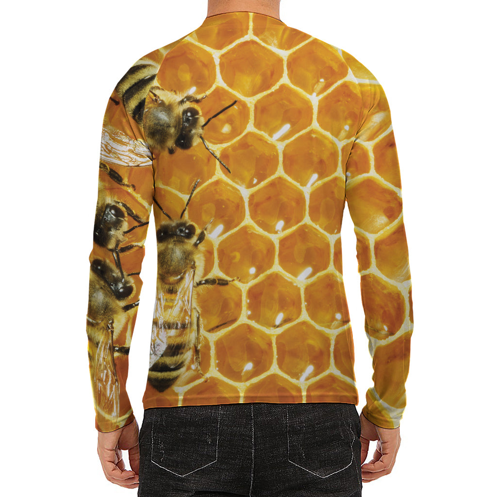 Bees And Honeycomb Print Men's Long Sleeve Rash Guard