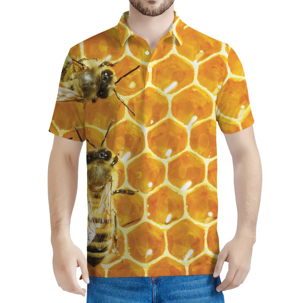 Bees And Honeycomb Print Men's Polo Shirt